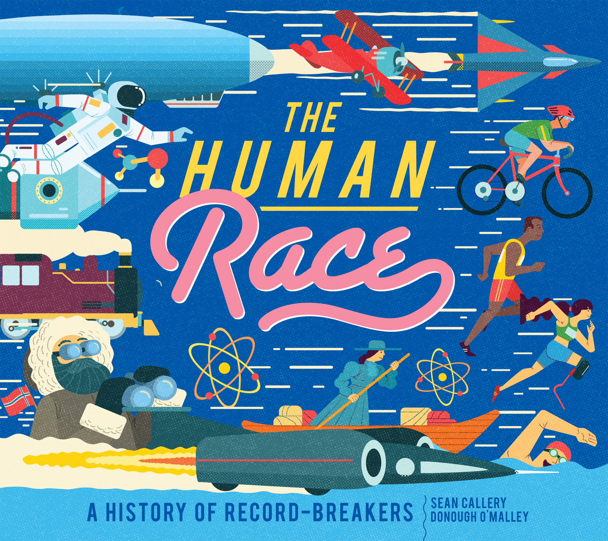 A dynamic cover-style illustration celebrating human achievement through sport, science, transport, and exploration.