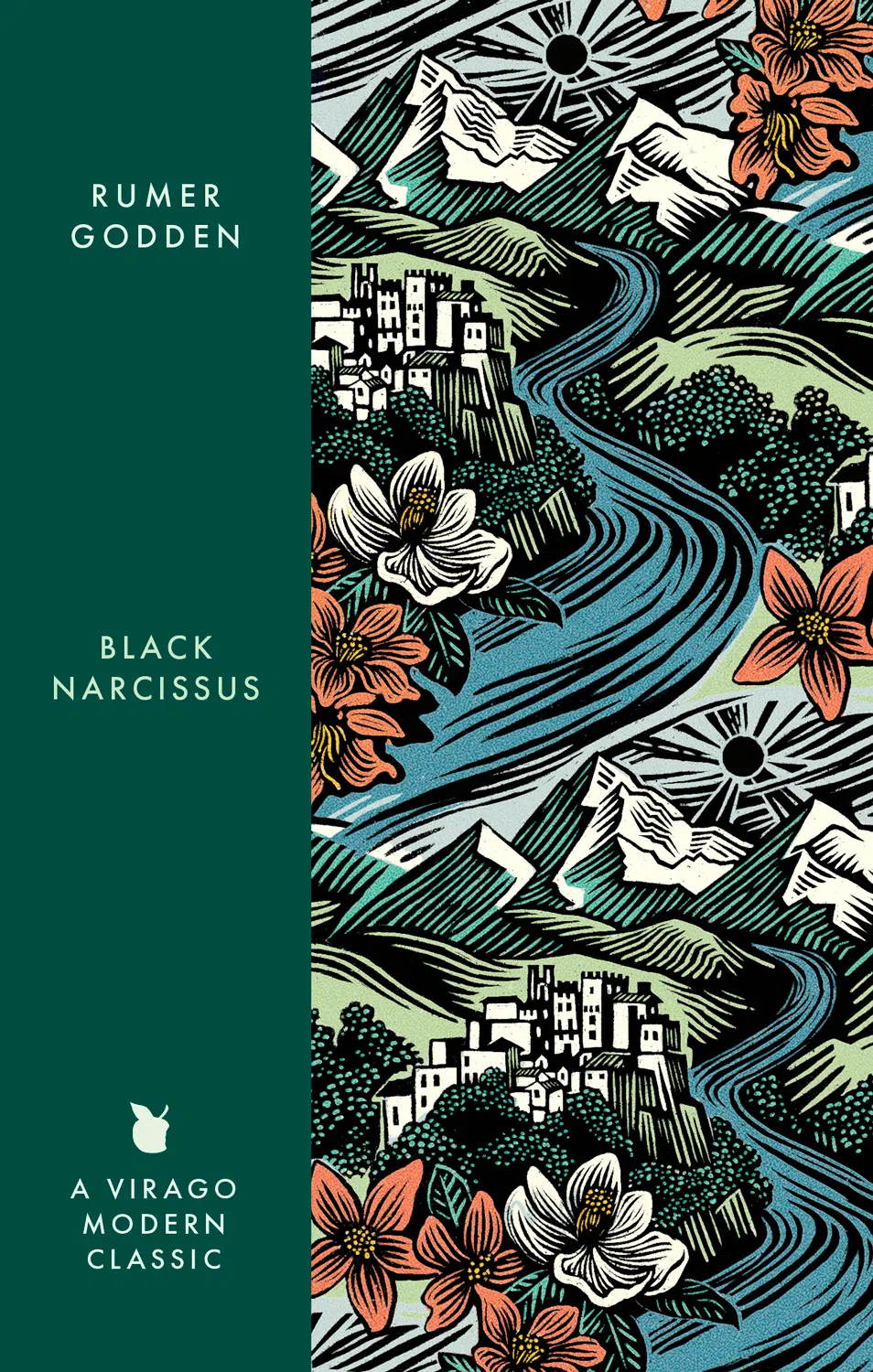 Woodcut line engraving book cover for Virago