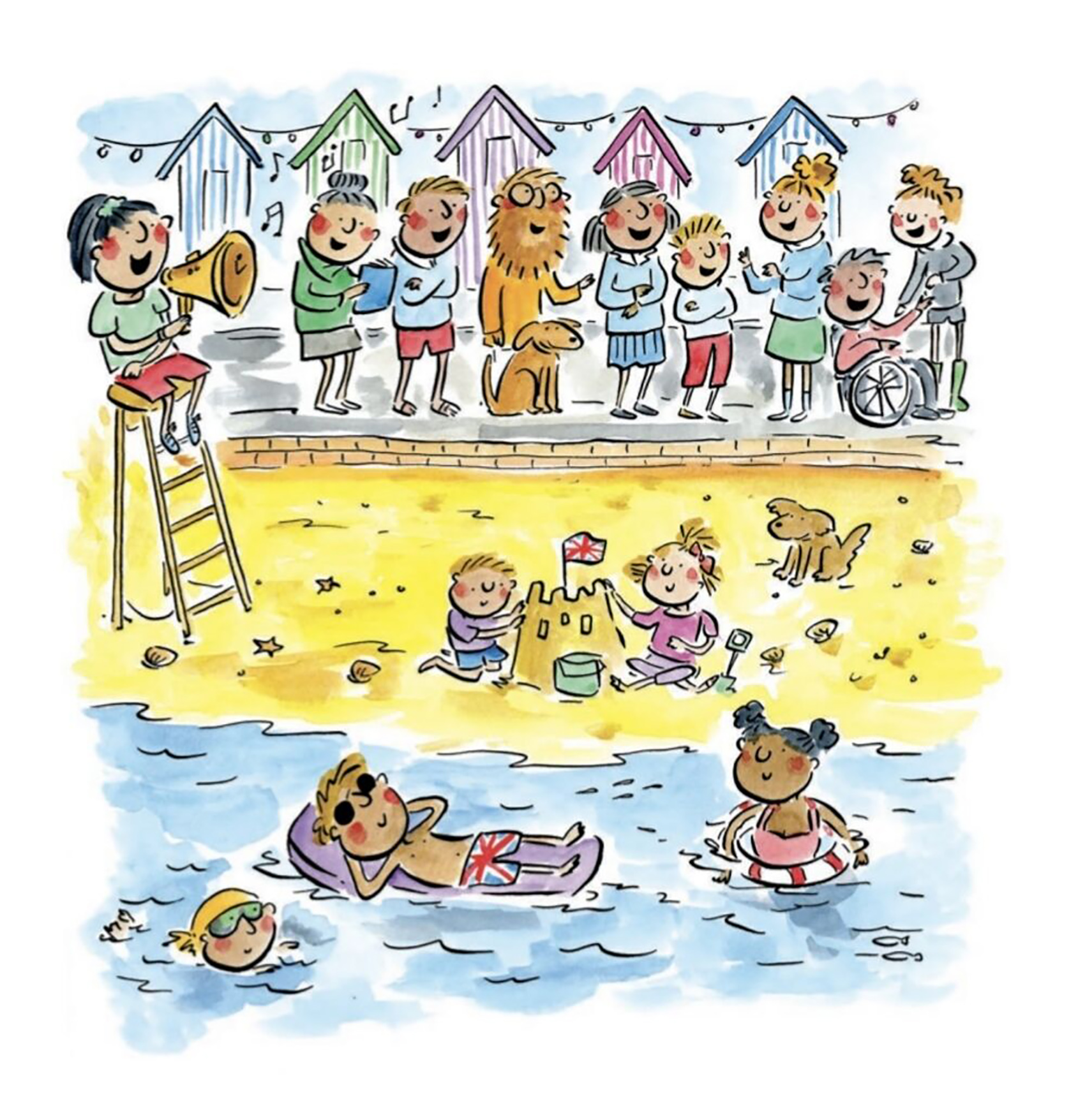 Whimsical pen and ink and watercolor Illustration of a seaside scene. Client Hodder Books, UK