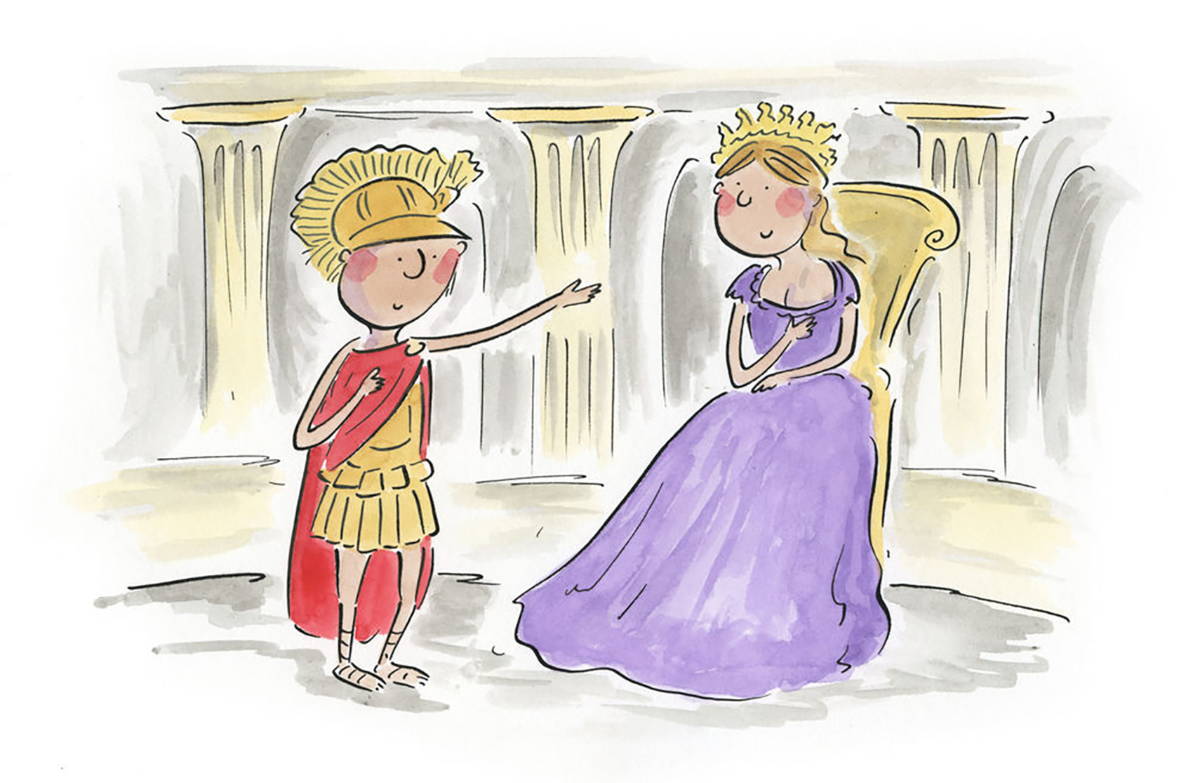 Whimsical Pen and Ink and watercolor illustration of the scene from Purcell's Opera