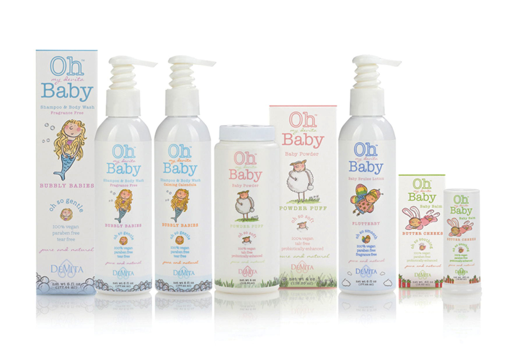 Pen and Ink and Watercolor packaging Illustrations Oh Baby range of toiletries. Client De Vita