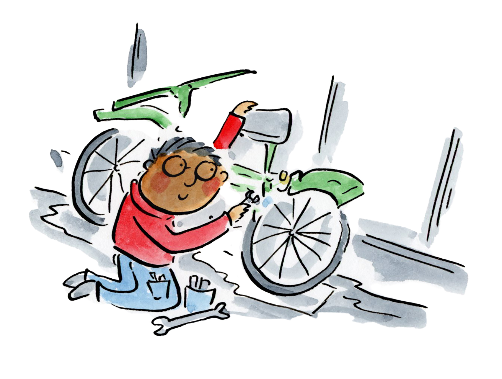 Whimsical illustration pen and ink and watercolor of boy with bike