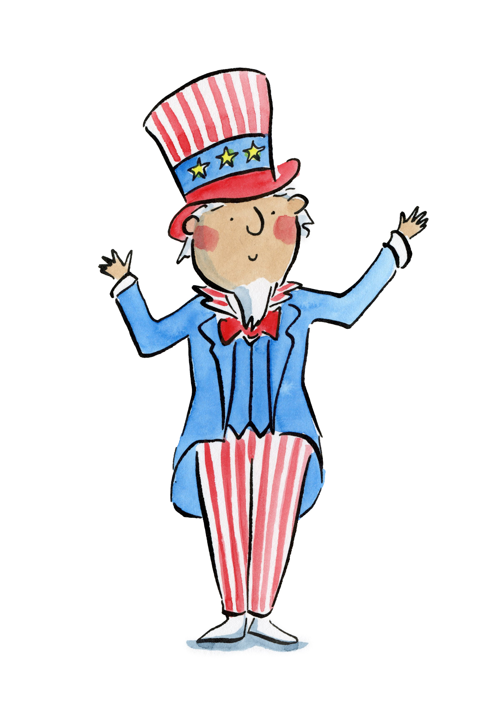 Whimsical Cartoon in red white and blue of historical character