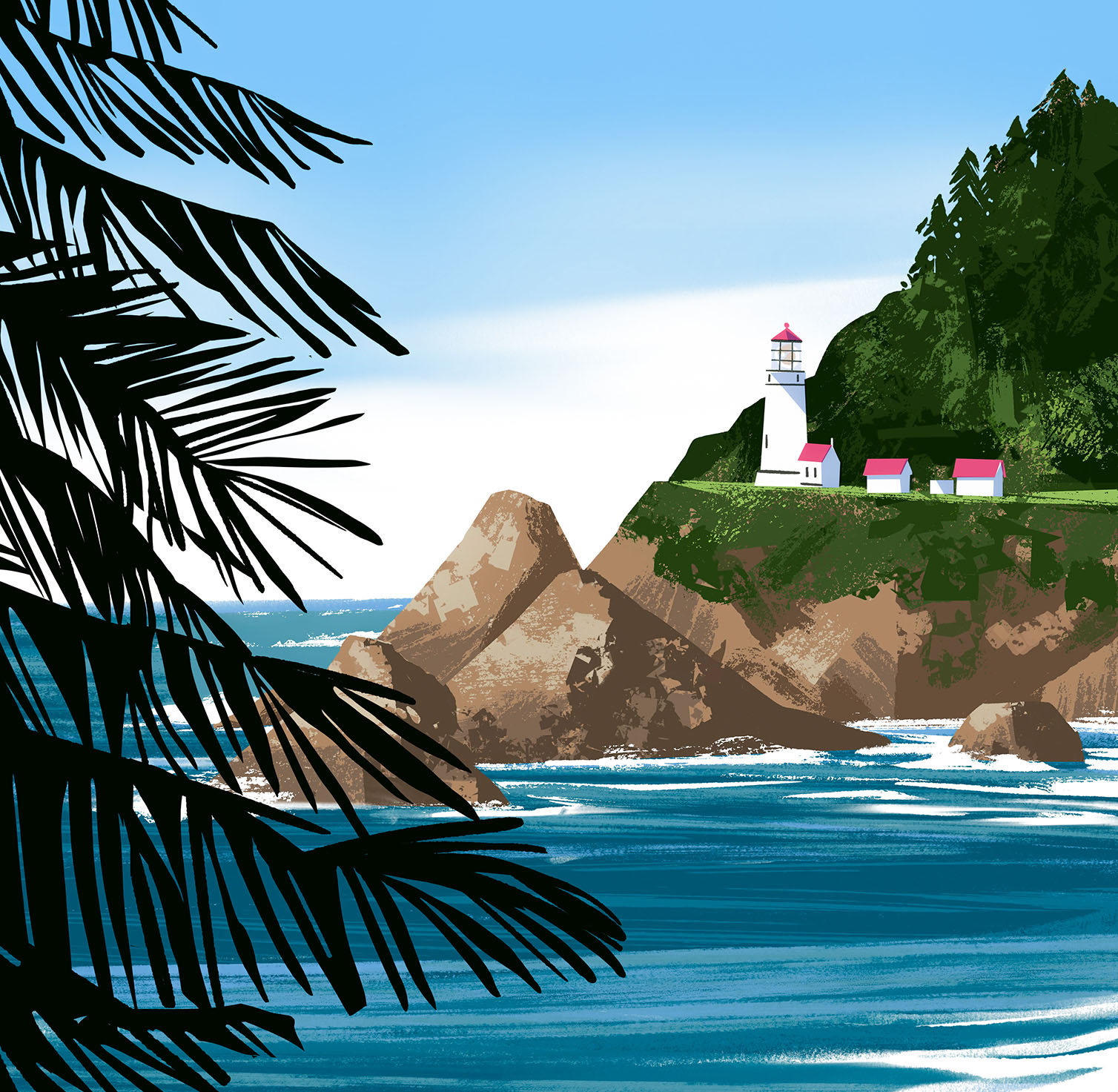Travel illustration for destination marketing and editorial, showcasing Oregon’s scenic coastline.