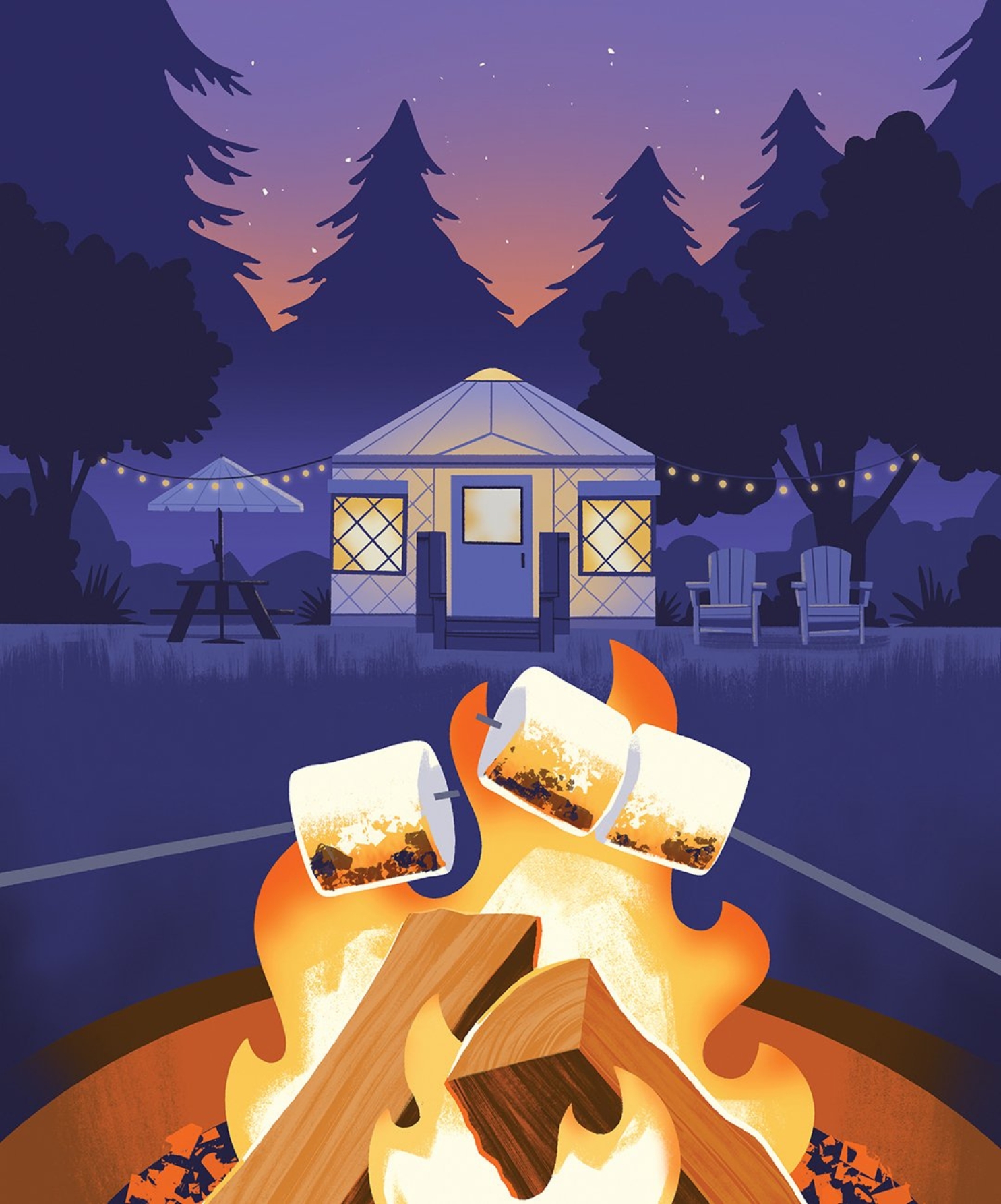 Narrative illustration of a cozy campfire with roasted marshmallows, gazing at the nighttime view in the distance.