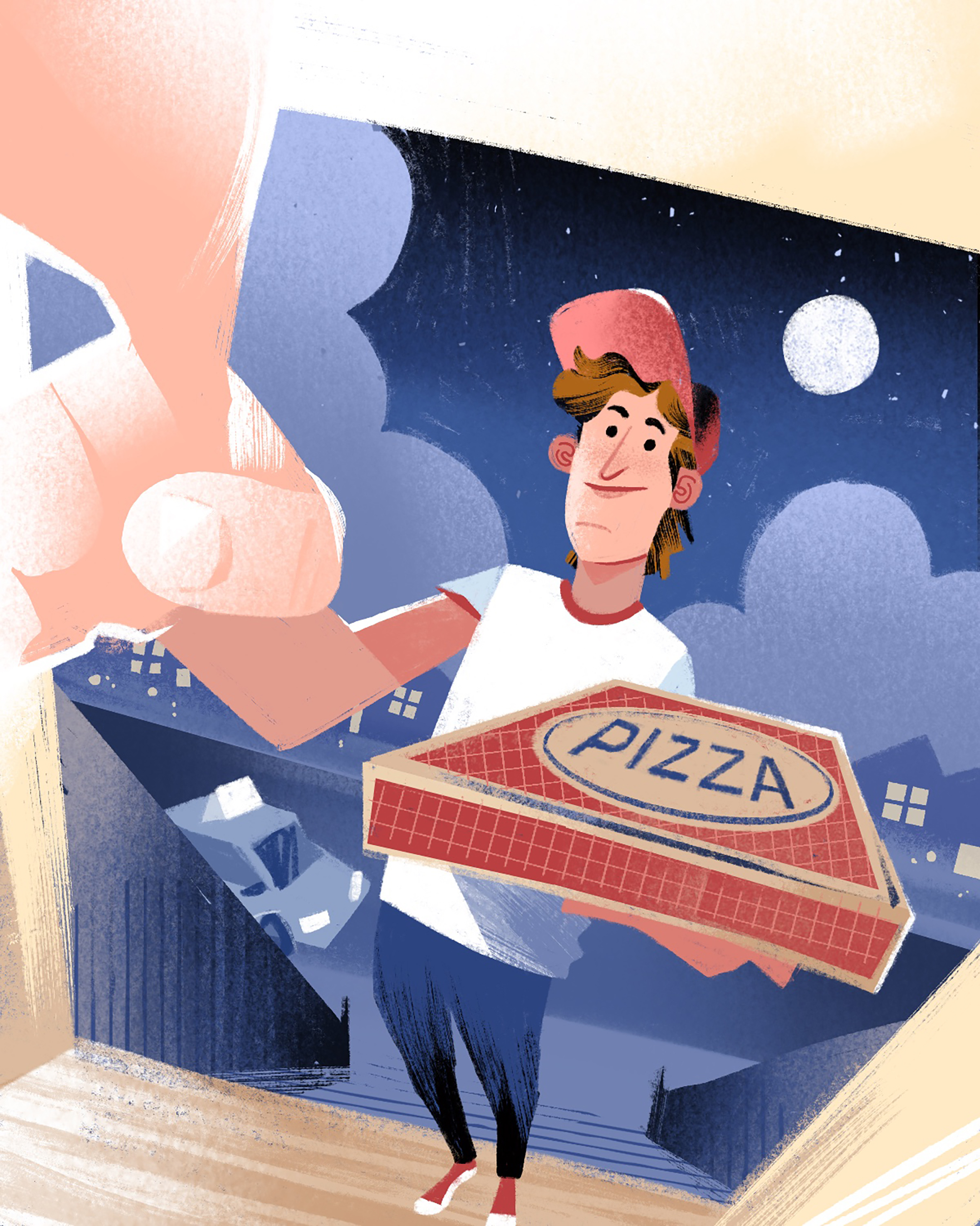 A pizza delivery boy arrives at the door on a quiet moonlit night with a warm box in hand.