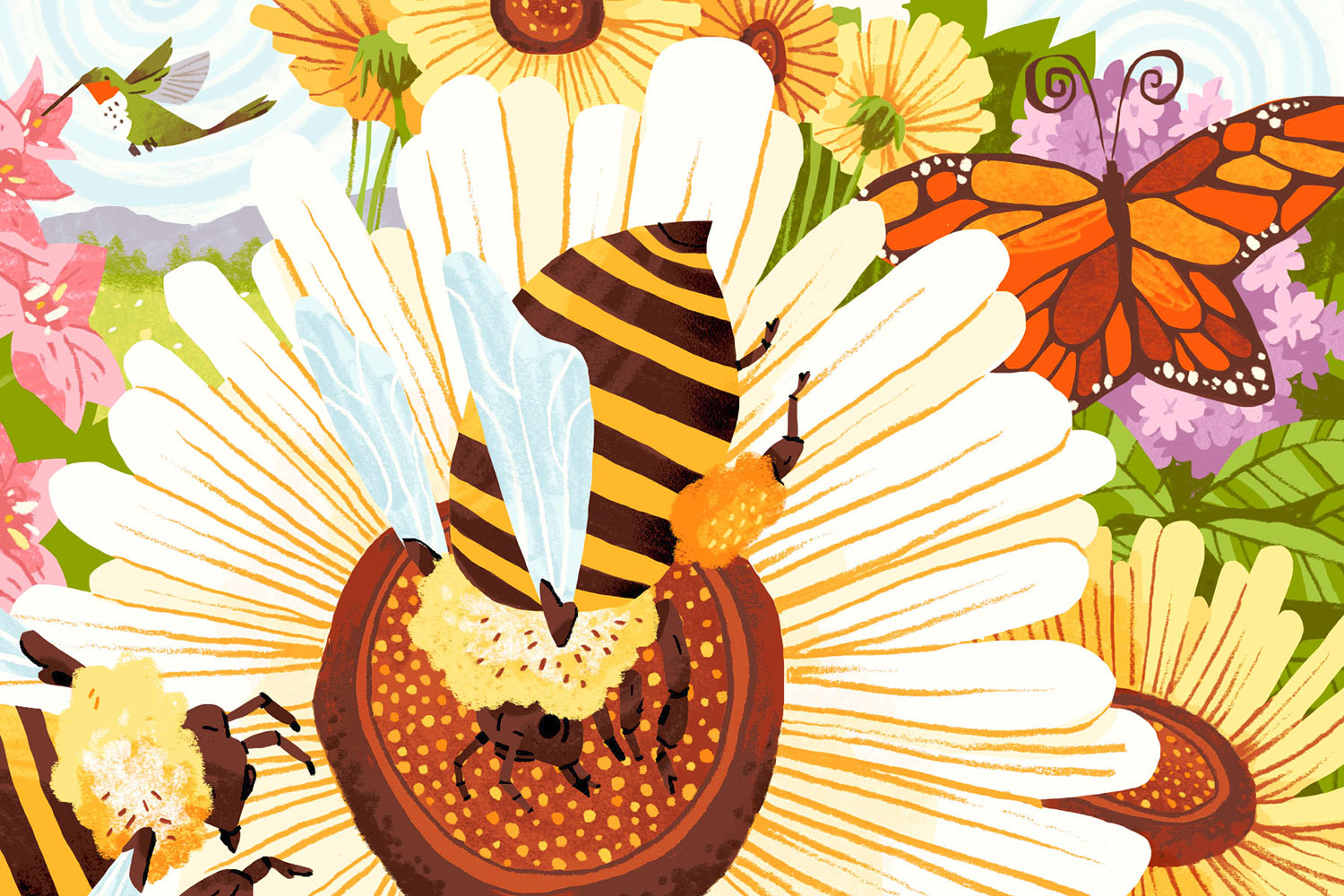 Nature illustration for environmental campaigns and educational content, focusing on bees gathering nectar from flowers.