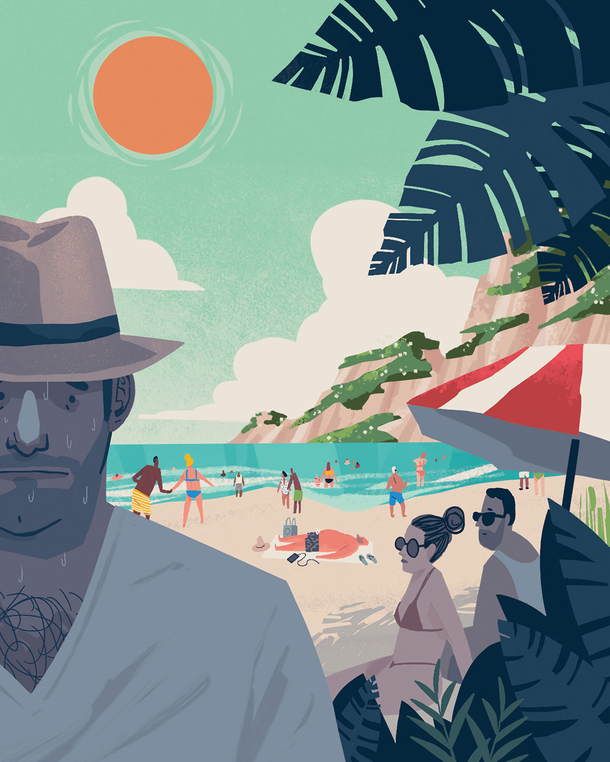 Beach Scene with Sunbathers and a Mysterious Man