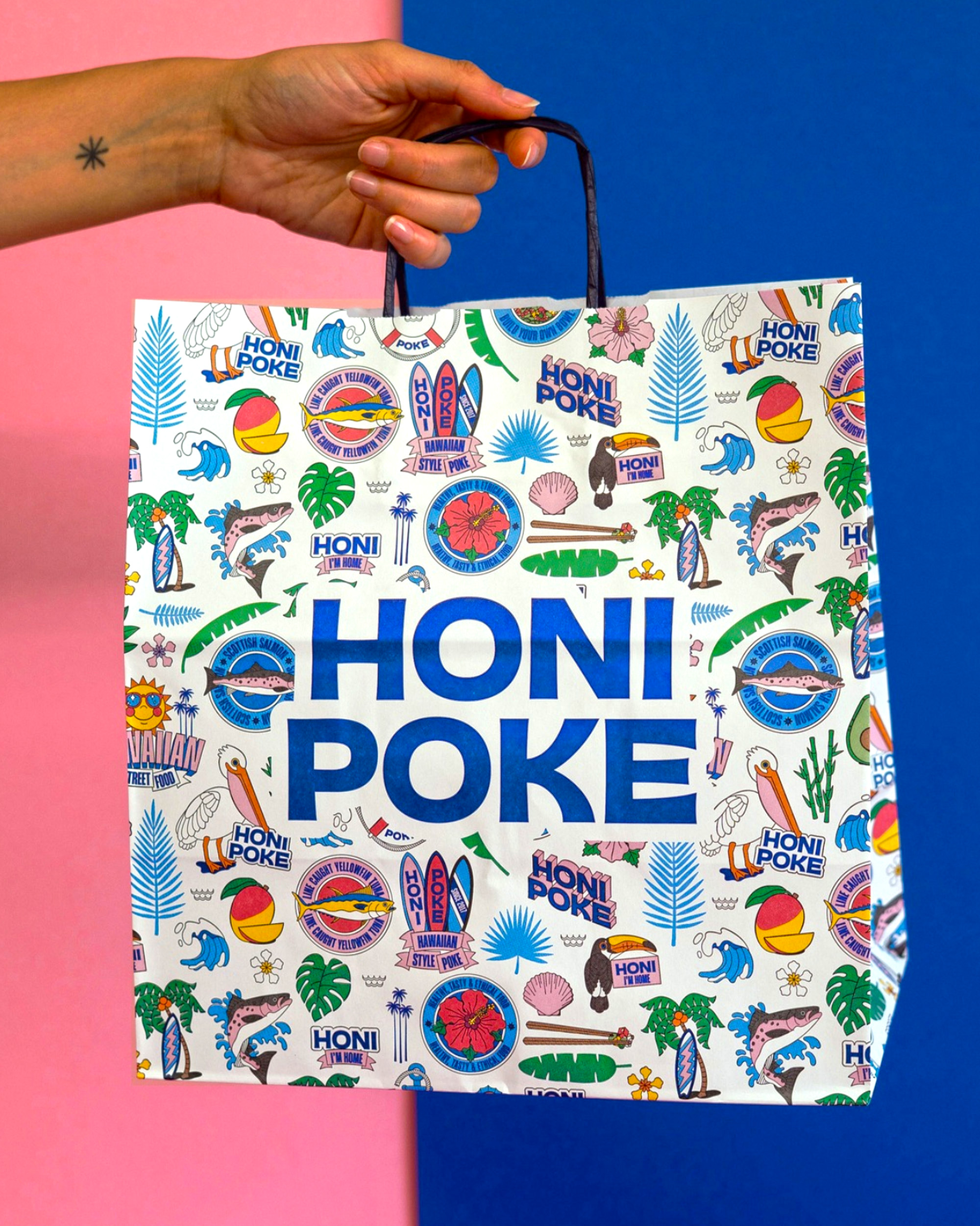 Vector packaging design with colorful tropical illustrations.