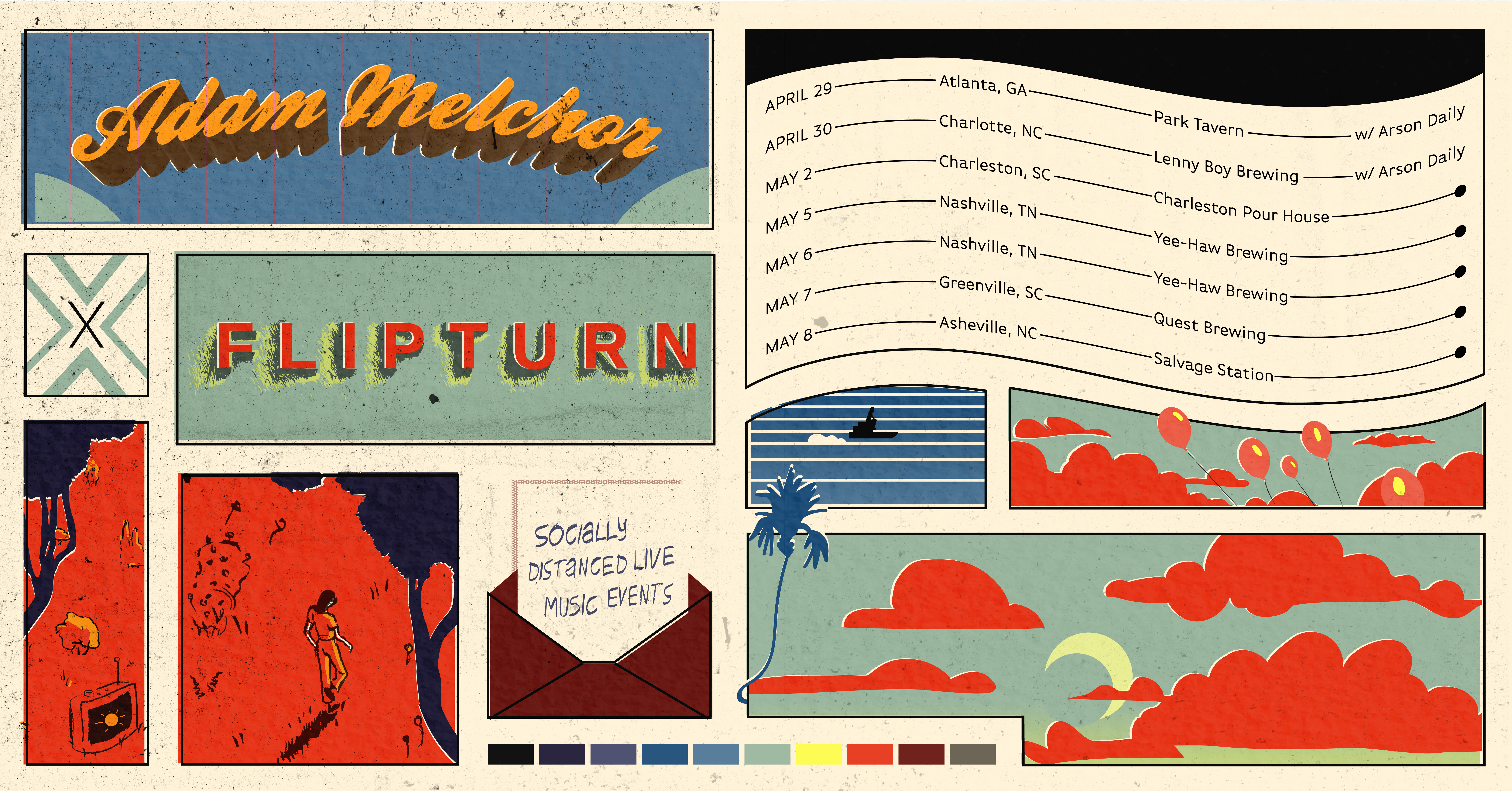 Poster Design for Flipturn's tour with Adam Melchor (horizontal layout)