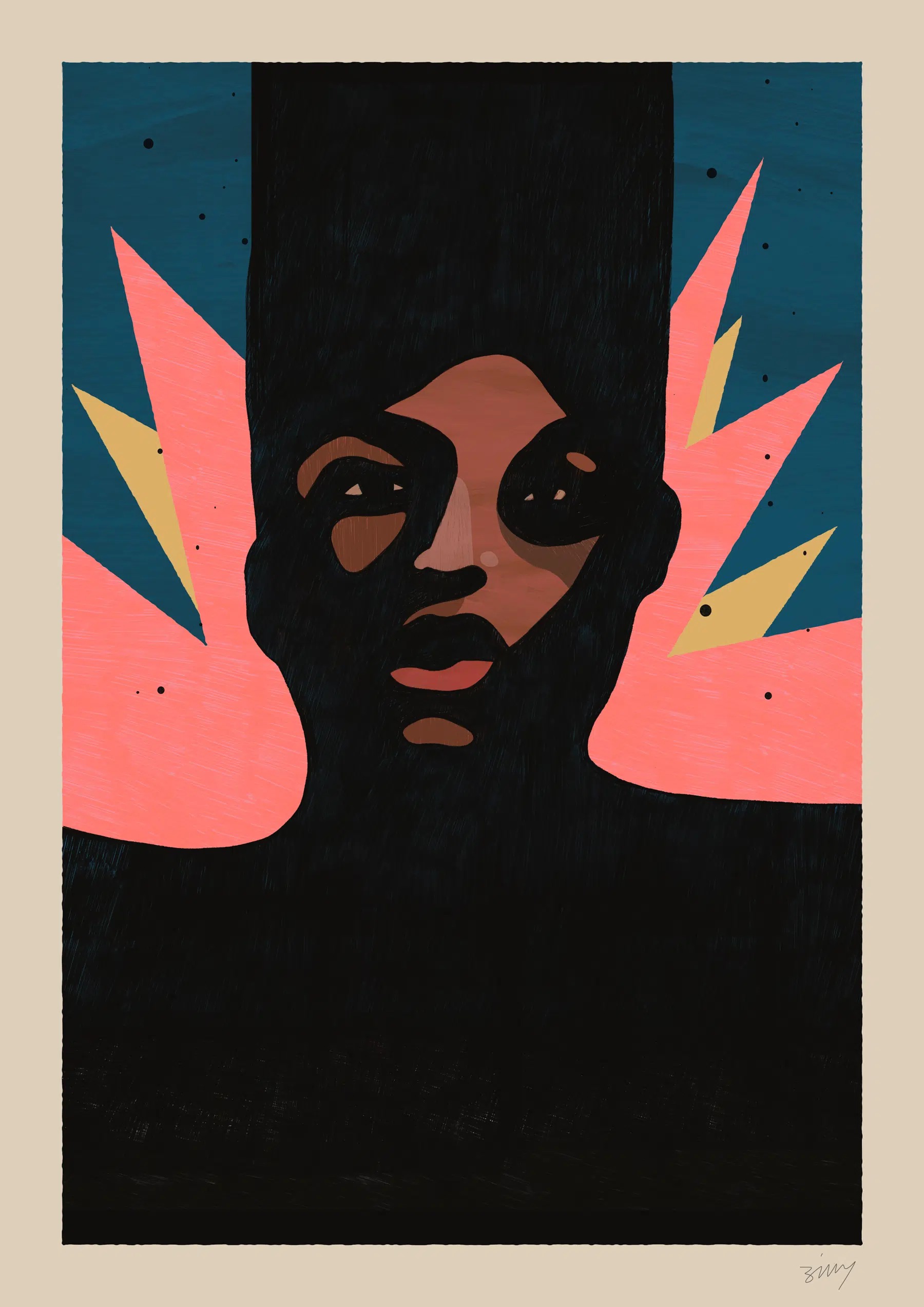 Geometric portrait in a flat limited colour palette with high contrast. 