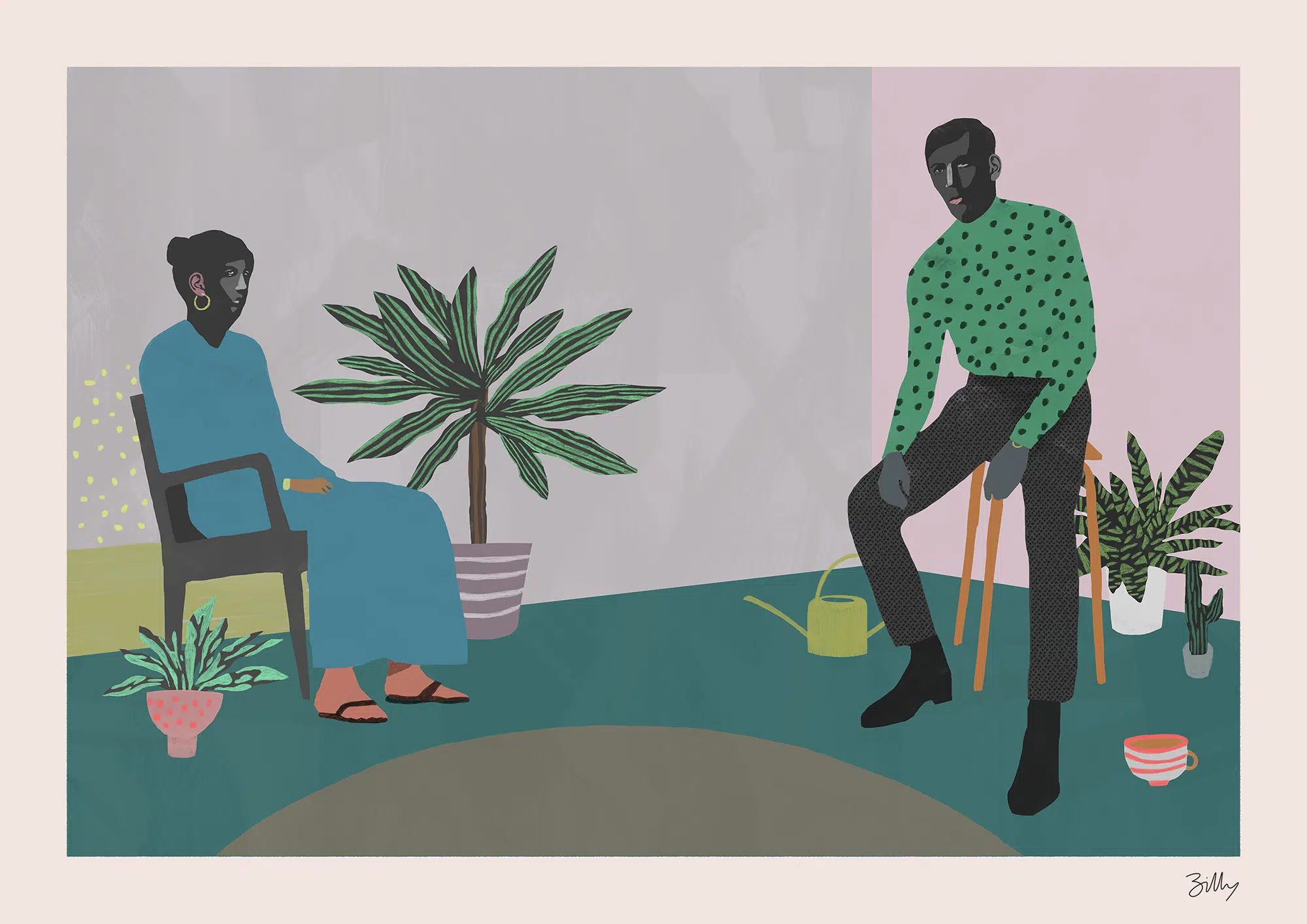 Geometric portrait of a couple in a flat limited colour palette using bold shape and line.