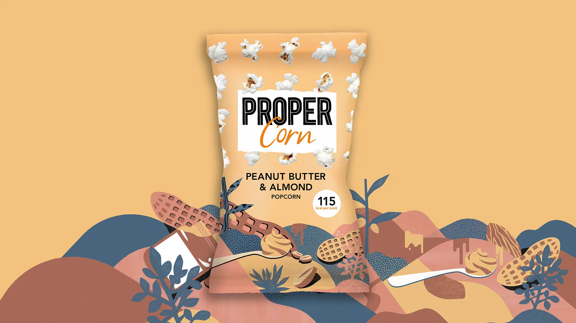 Geometric and graphic illustration for snack food packaging using bold colours and shapes.