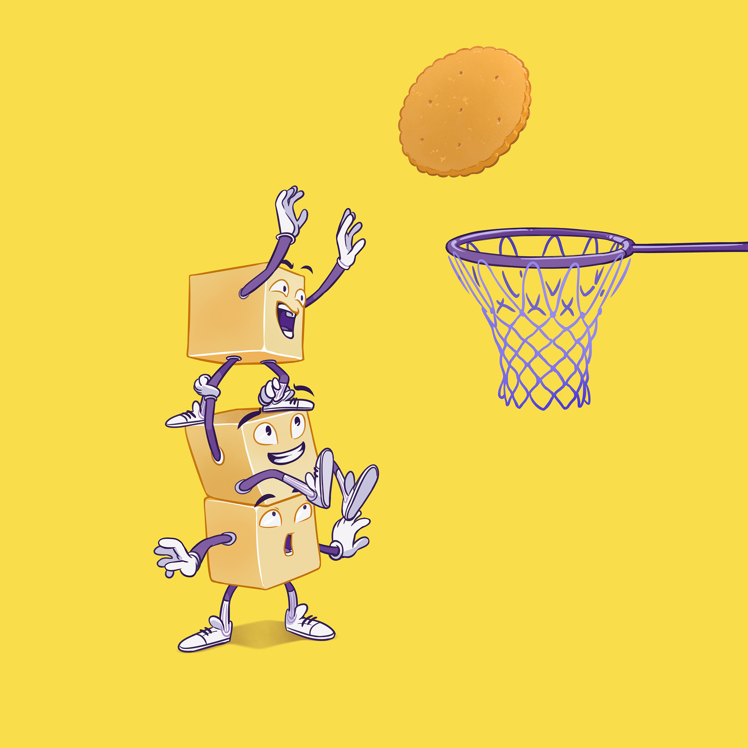 Digital illustration whimsical cartoon character for snack brand, Munch Mix. Used for brand's advertising including web and signage. 