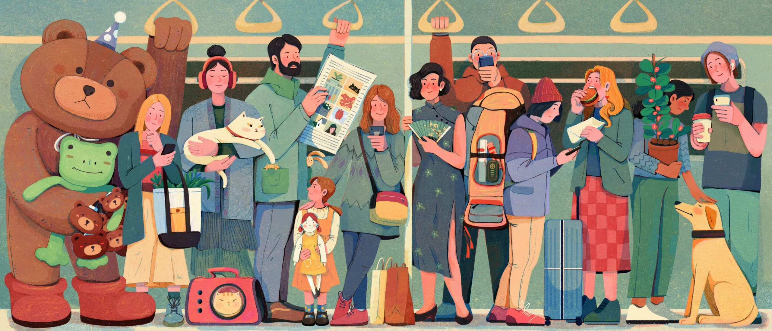 Busy and colourful illustration with a variety of characters