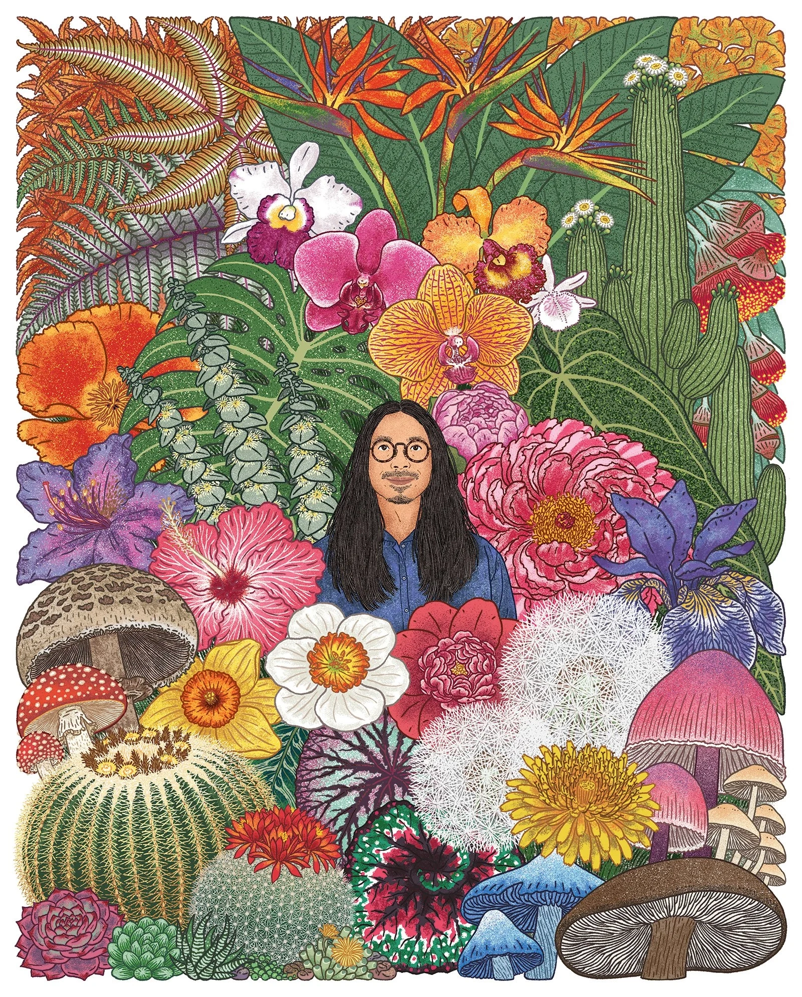 A digital illustration with softened linework that plays with scale. Comedian Sheng's portrait is at the center, surrounded by various huge plants, flowers, and botanical specimens.
* Communication Arts Illustration Annual