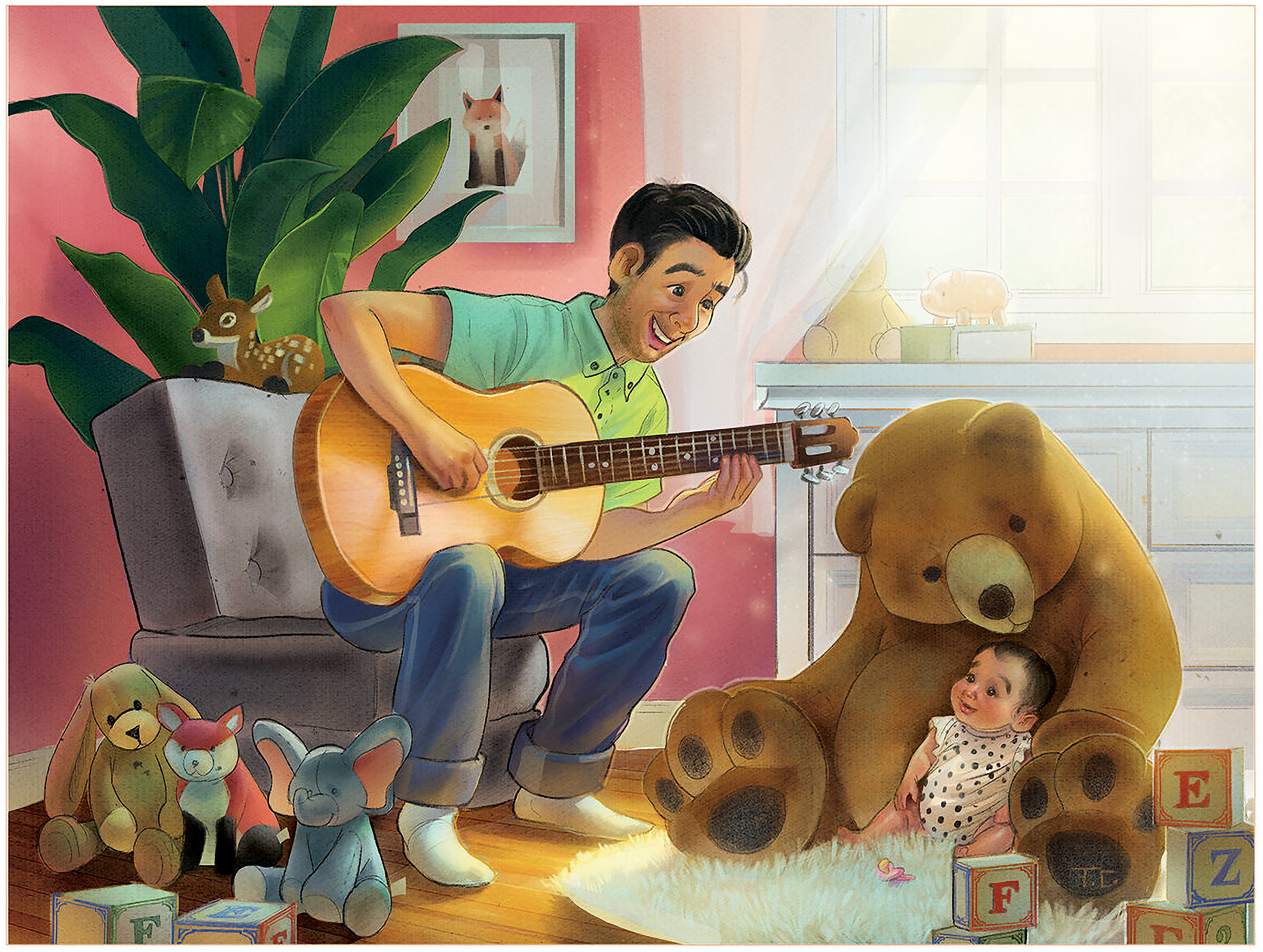 A digital tender illustration of a father playing guitar for his baby in a cozy home, painted in a soft , painterly children's book style.