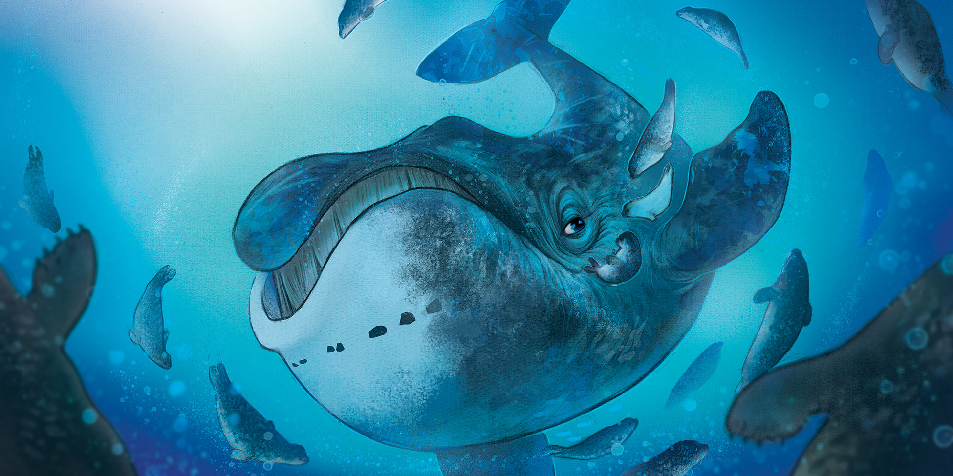 A digital illustration of a whale swimming underwater, rendered in coll blue tones with a painterly, whimsical style for children's publishing and editorial storytelling. 