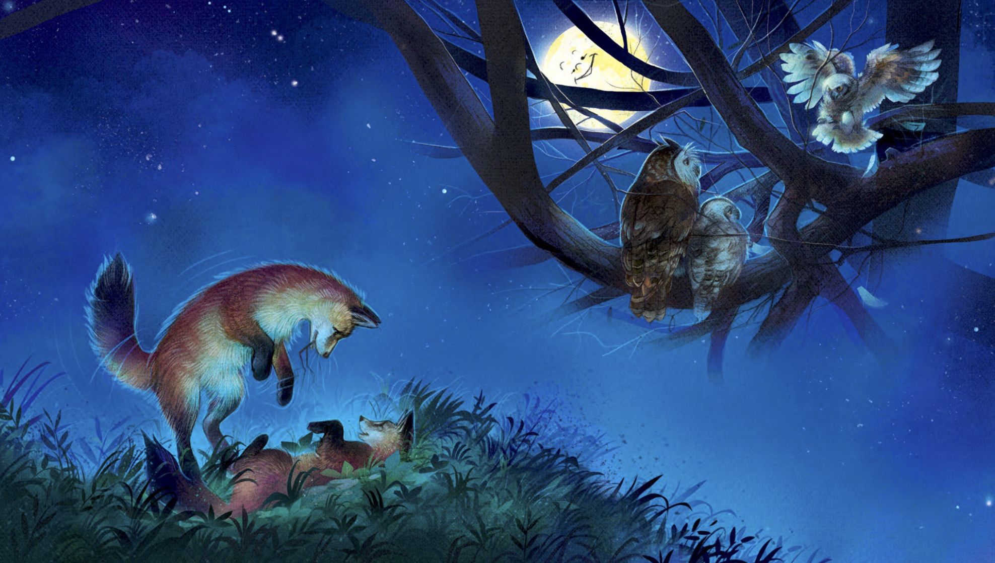 Narrative, digital dreamlike nighttime illustration of foxes playing beneath a moonlit sky, watched by owls perched in a tree—an atmospheric woodland scene evoking myth, wonder, and quiet storytelling, ideal for children’s books, literary magazines, and narrative editorials.