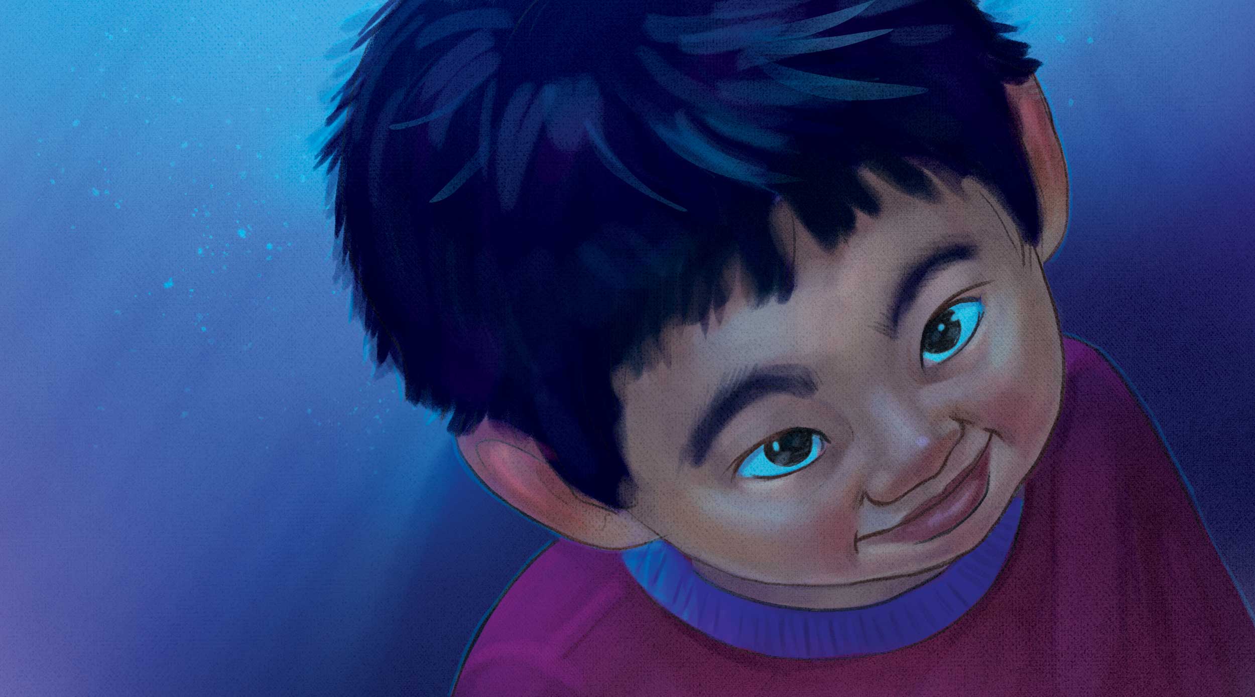 A digital illustration of a close-up portrait of a young child rendered with soft painterly texture and cool blues tones, capturing warmth, curiosity, and emotional presence through subtle expression and light. 