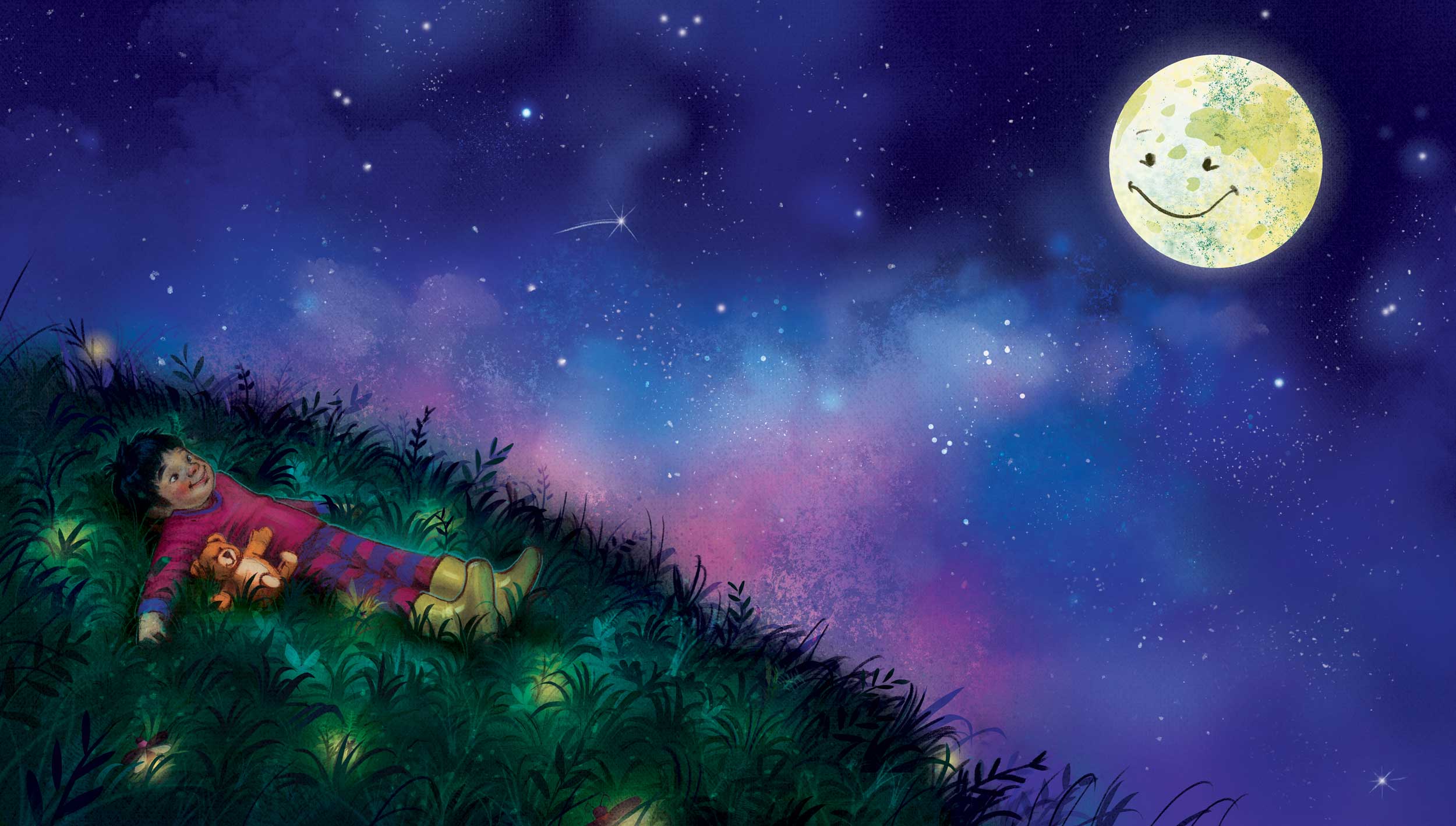 A digital dreamy nighttime illustration of a child lying in the grass beneath a starry sky and smiling moon, painted in a soft, painterly children's book style. 