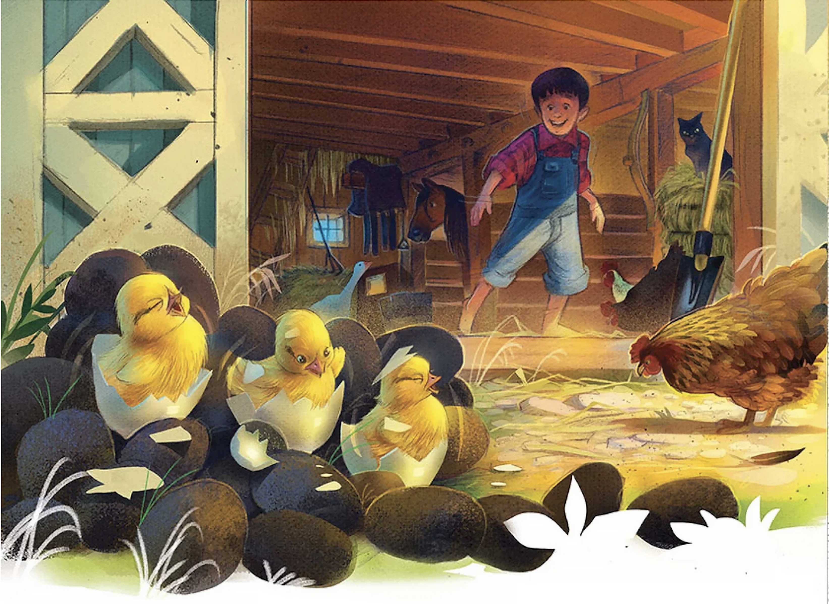 A digital narrative illustration of a child and farm animals with baby chicks in a warm barn setting, painted in a whimsical narrative style for children's publishing and editorial use.