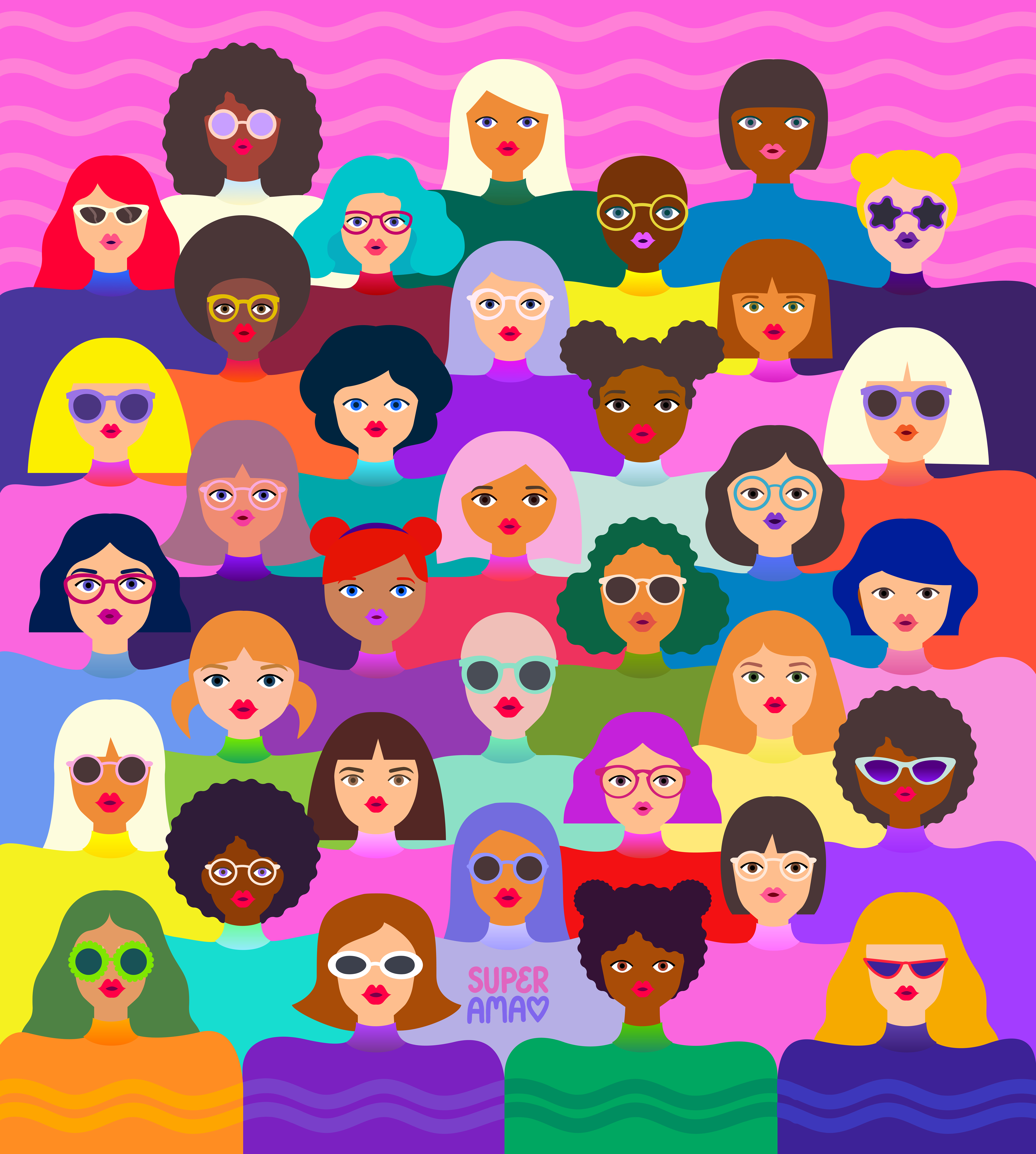 A colorful pop-art style graphic illustrating a diverse group of women wearing stylish sunglasses against a wavy pink background.