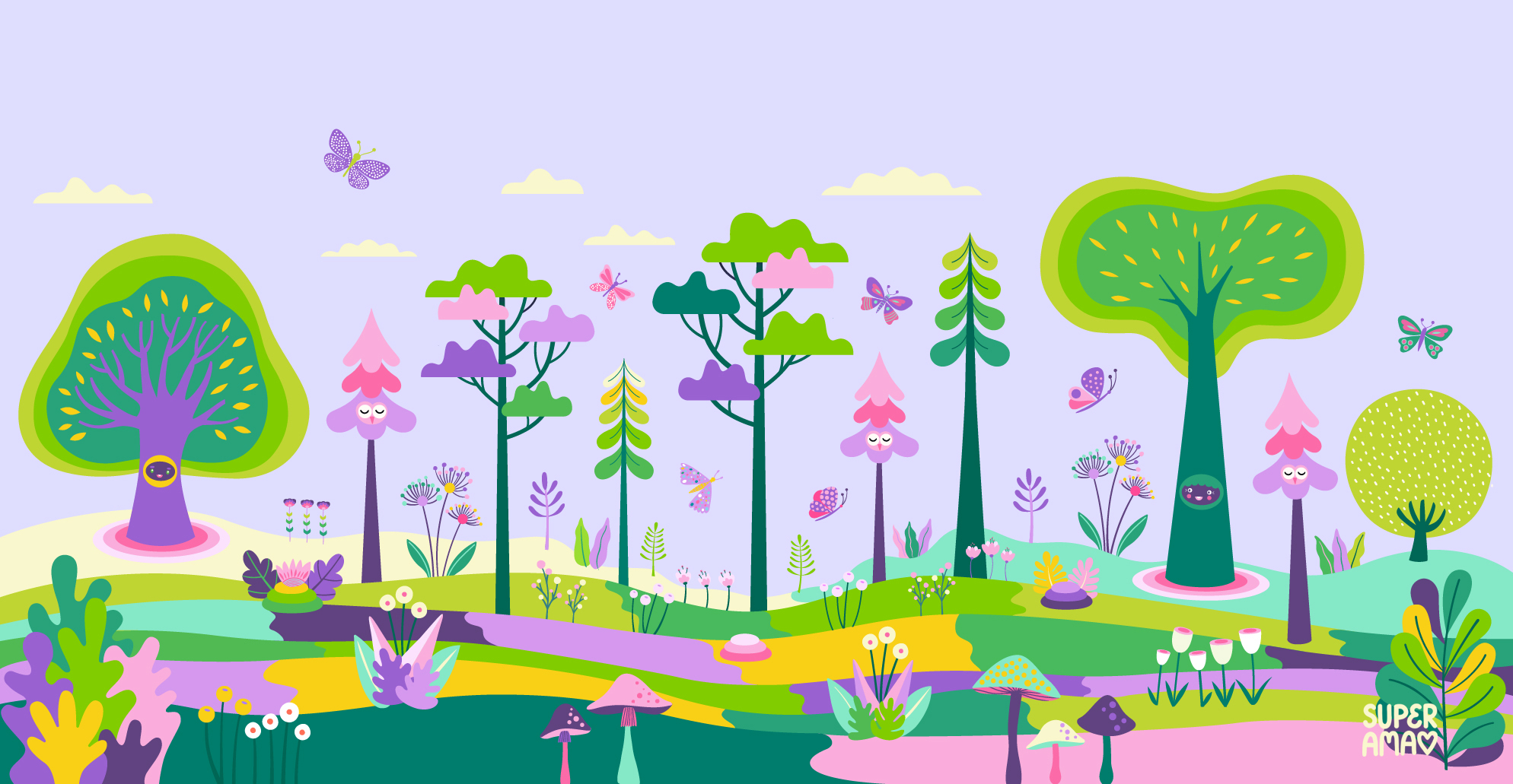 A bright whimsical forest scene filled with colorful trees, butterflies, flowers, mushrooms, and gentle fantasy details.