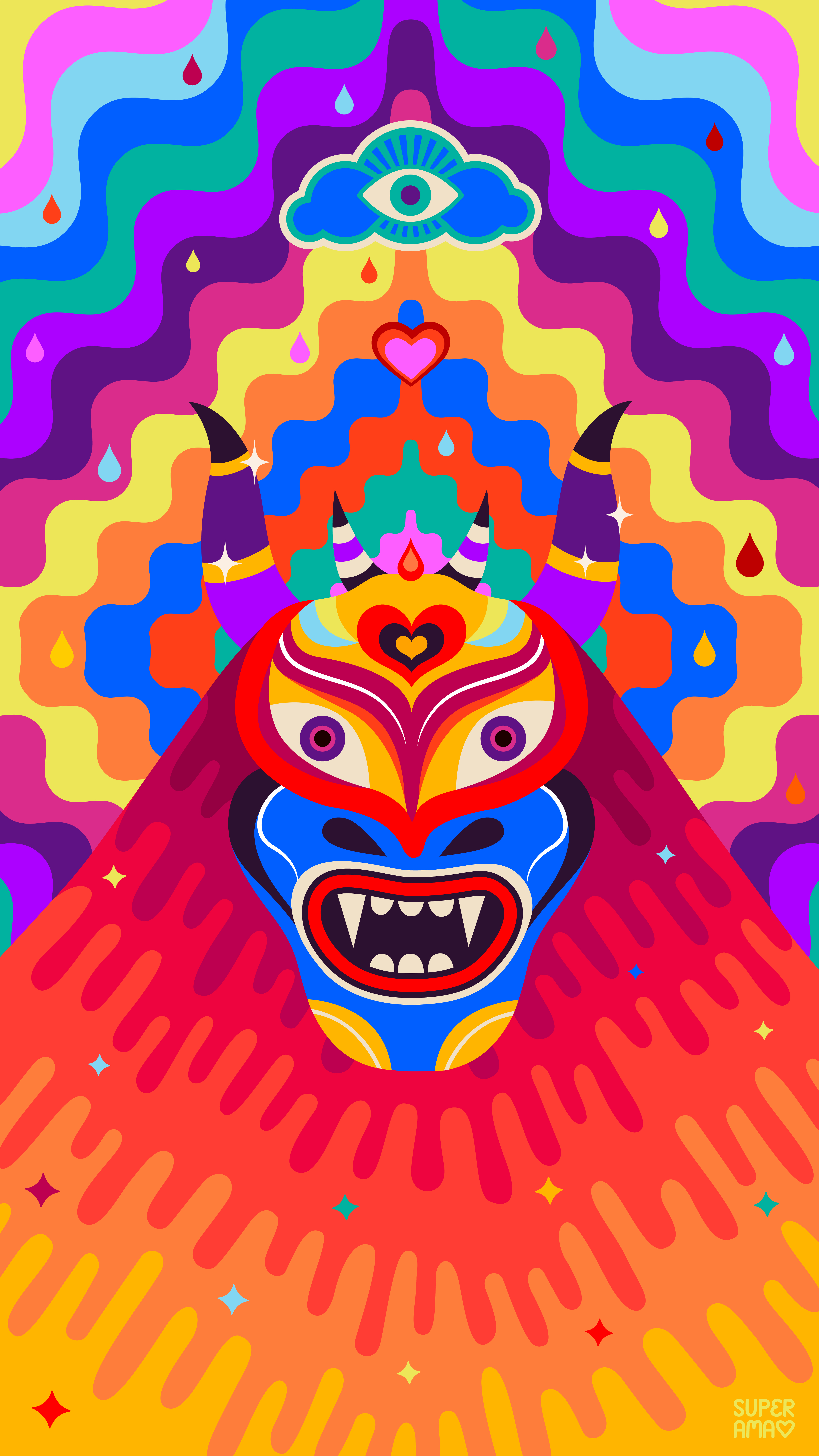 A vibrant, neon-colored vector illustration of a horned devil mask surrounded by hypnotic, wavy rainbow patterns and an all-seeing eye.