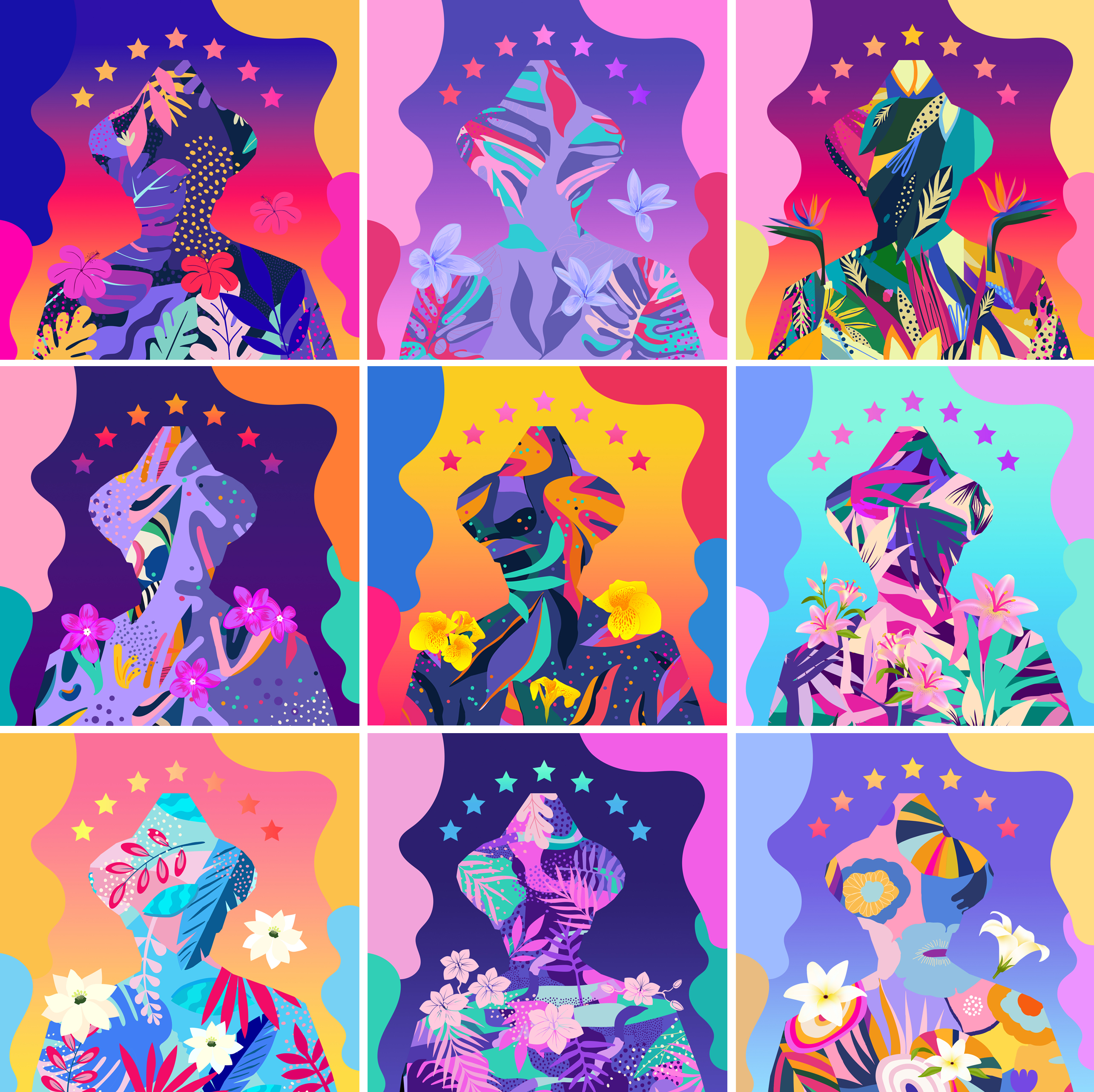 A vibrant grid of stylized female silhouettes is filled with tropical flowers, leaves, stars, and bold colorful patterns.
