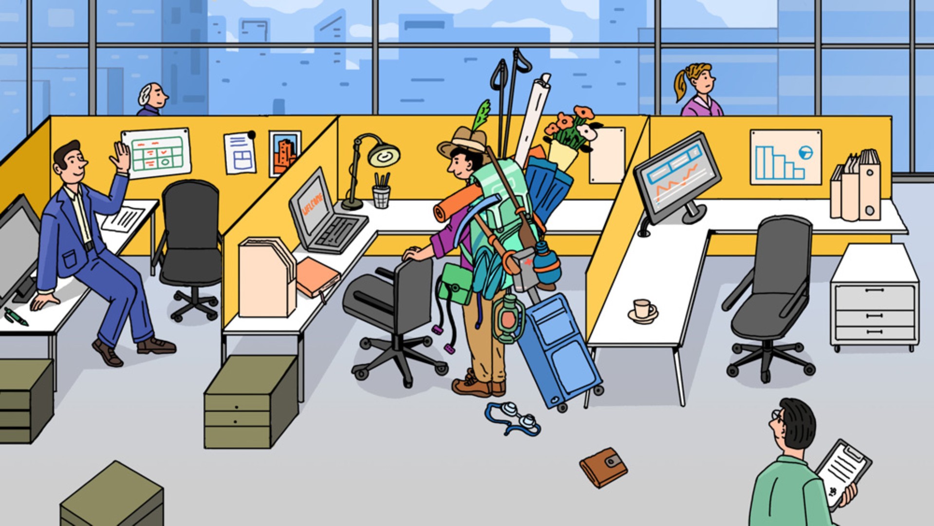 A traveler-like worker arrives in an office carrying too many items, suggesting workplace transition, relocation, or overloaded responsibilities.