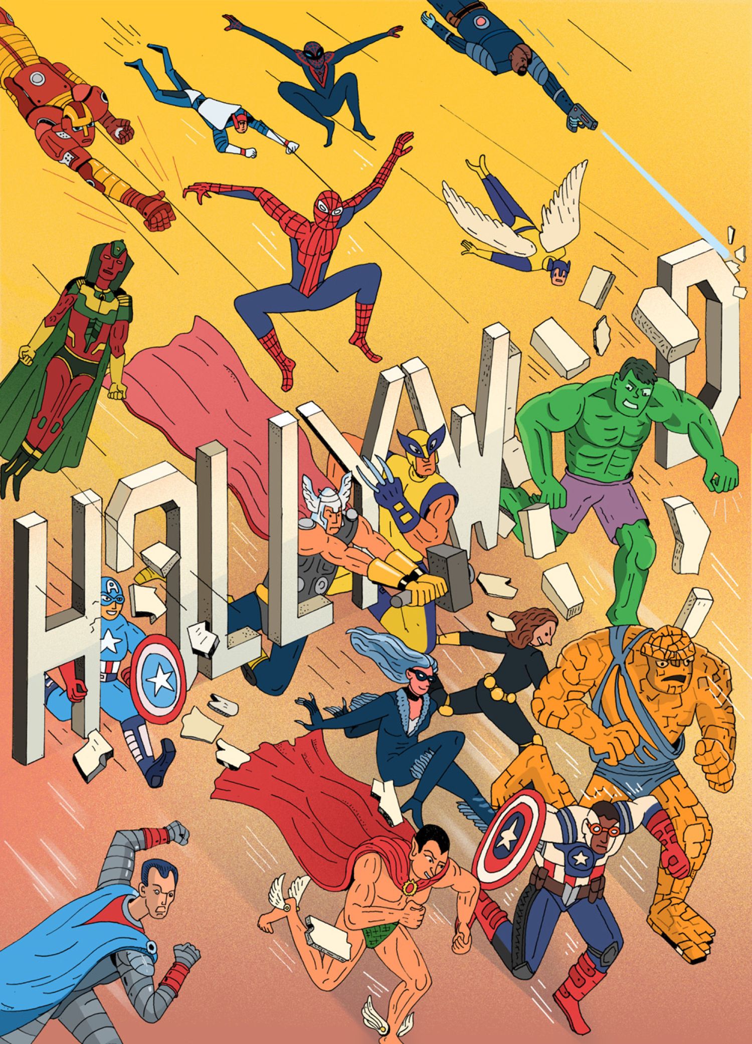 A group of comic-style superheroes flies and crashes through giant lettering, creating a dynamic action-packed scene.