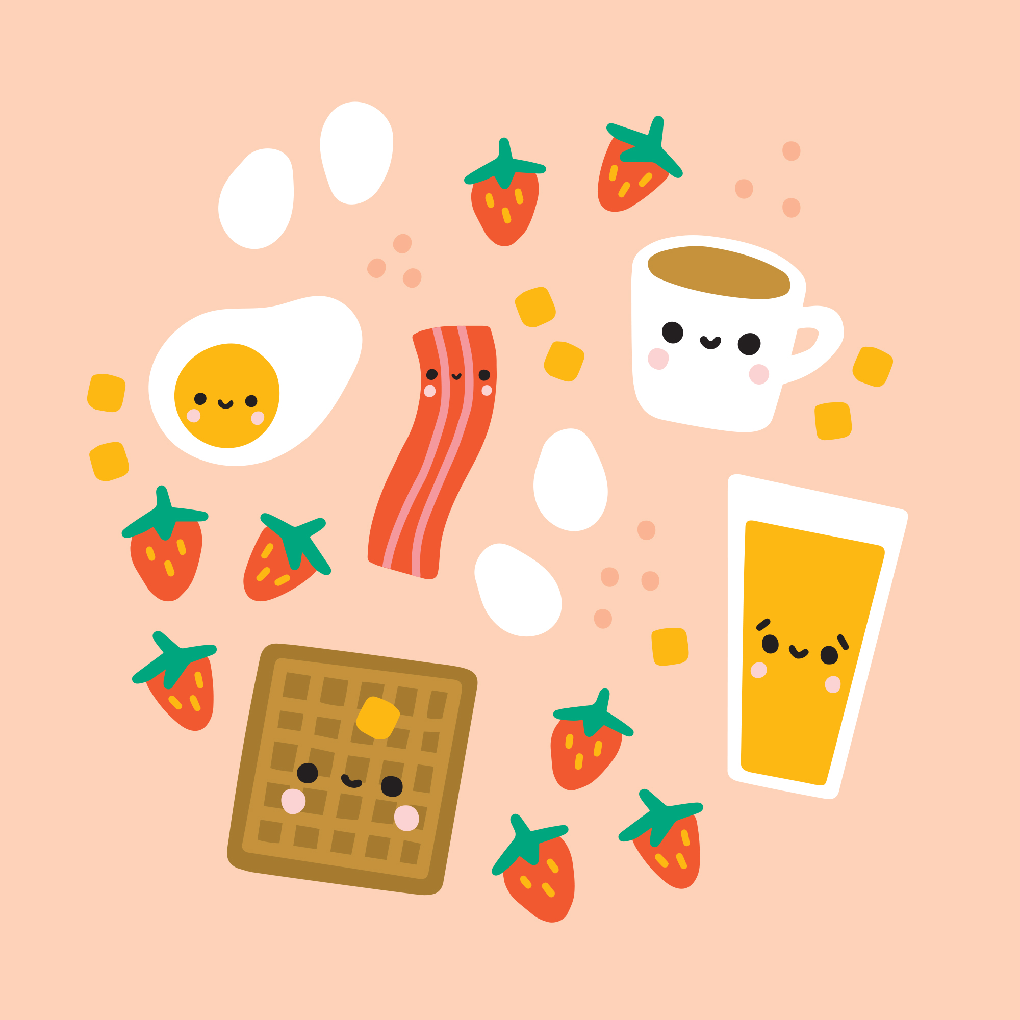 Cute breakfast foods with smiling faces.
