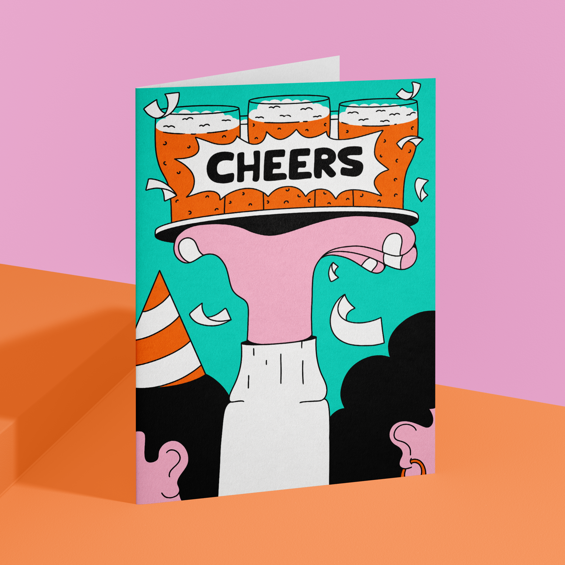 A bright greeting card design featuring raised glasses of beer with the word “CHEERS” in a celebratory, festive illustrated style.
