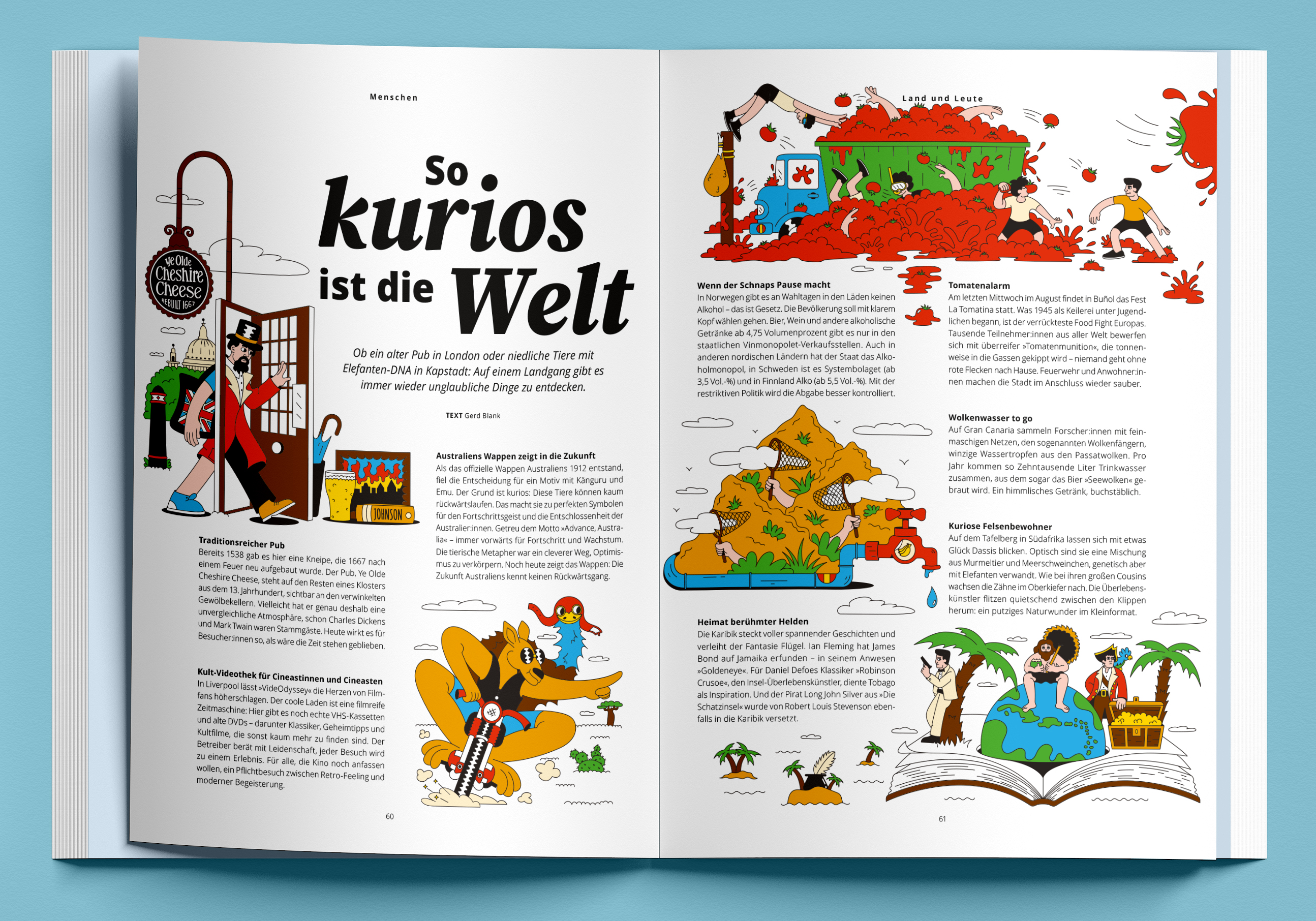 A colorful open-book magazine spread featuring playful editorial illustrations about strange places, curious stories, travel, culture, food festivals, and unusual discoveries around the world.