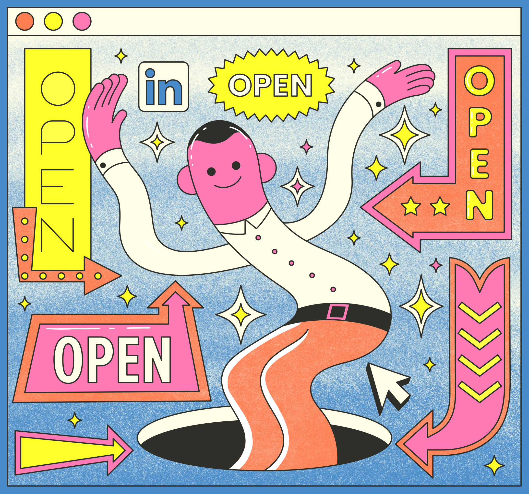 A vibrant illustration of a smiling character emerging through a portal surrounded by arrows, open signs, sparkles and digital interface elements.