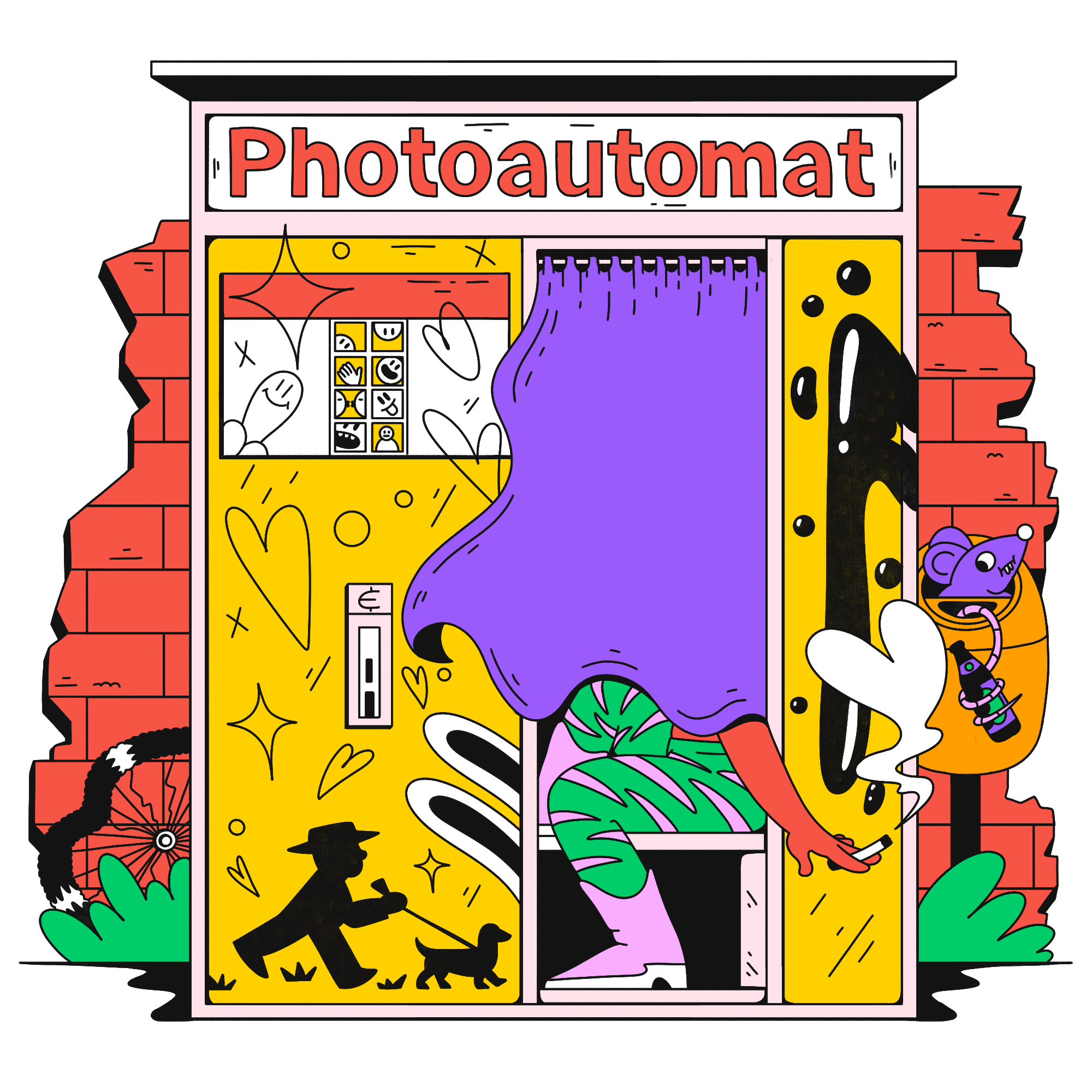 A narrative illustration centered on a photobooth and surrounding street characters.
